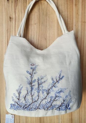 Hand bags linen ivory  tree bloom  flowes  blue 