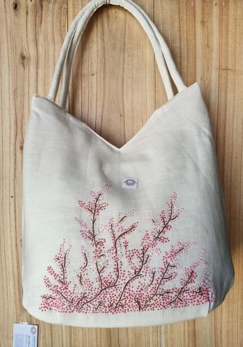 Hand bags linen ivory  tree bloom  flowes  pink 