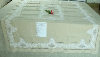 table cloth linen Taupe  white French knot 